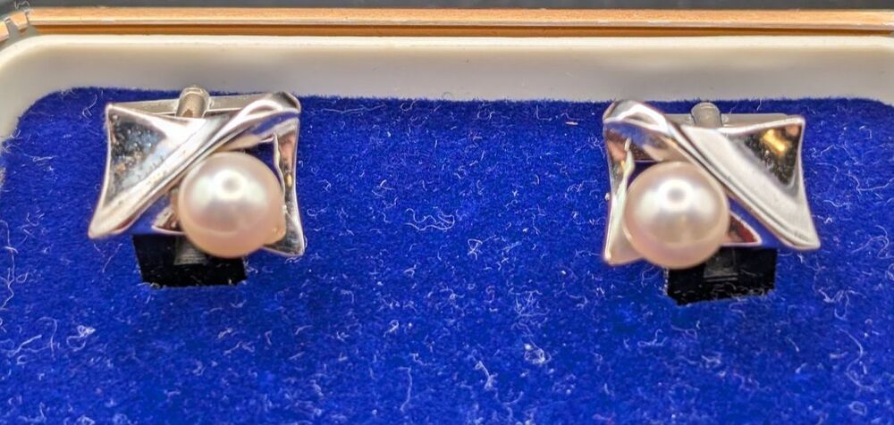 Vintage Akoya Pearl Cufflinks • Silver‑Tone • SV Marked • Mid‑Century Men’s Set